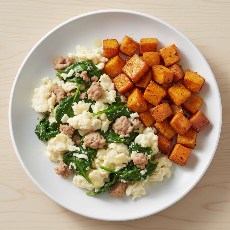Egg White and Turkey Sausage Scramble with Spinach and Roasted Sweet Potato
