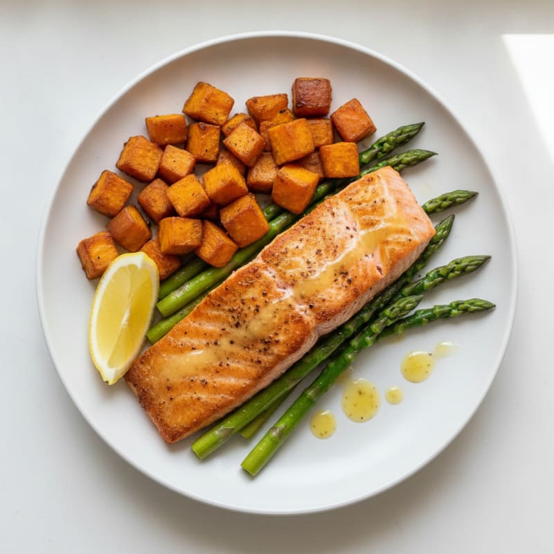 Seared Salmon with Roasted Sweet Potato and Asparagus