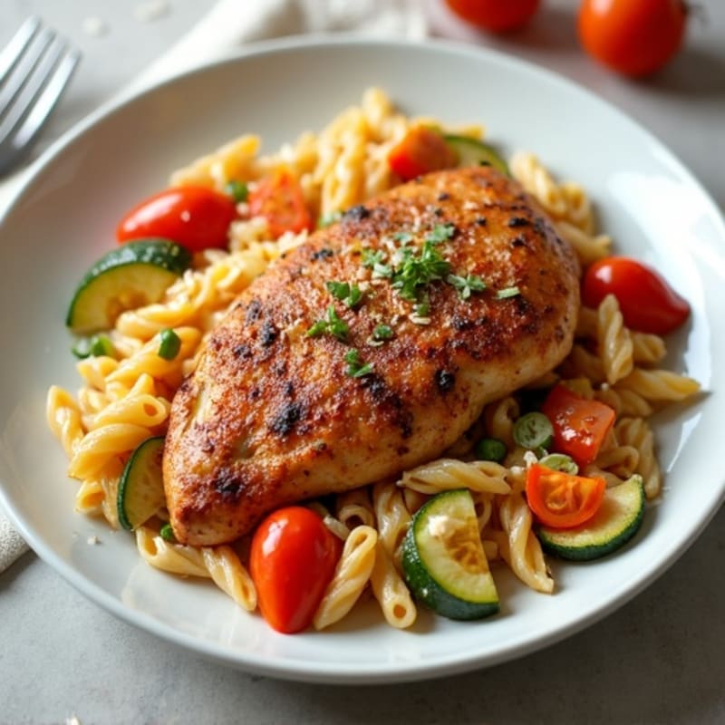 Spicy Cajun Chicken with Creamy Pasta and Roasted Vegetables