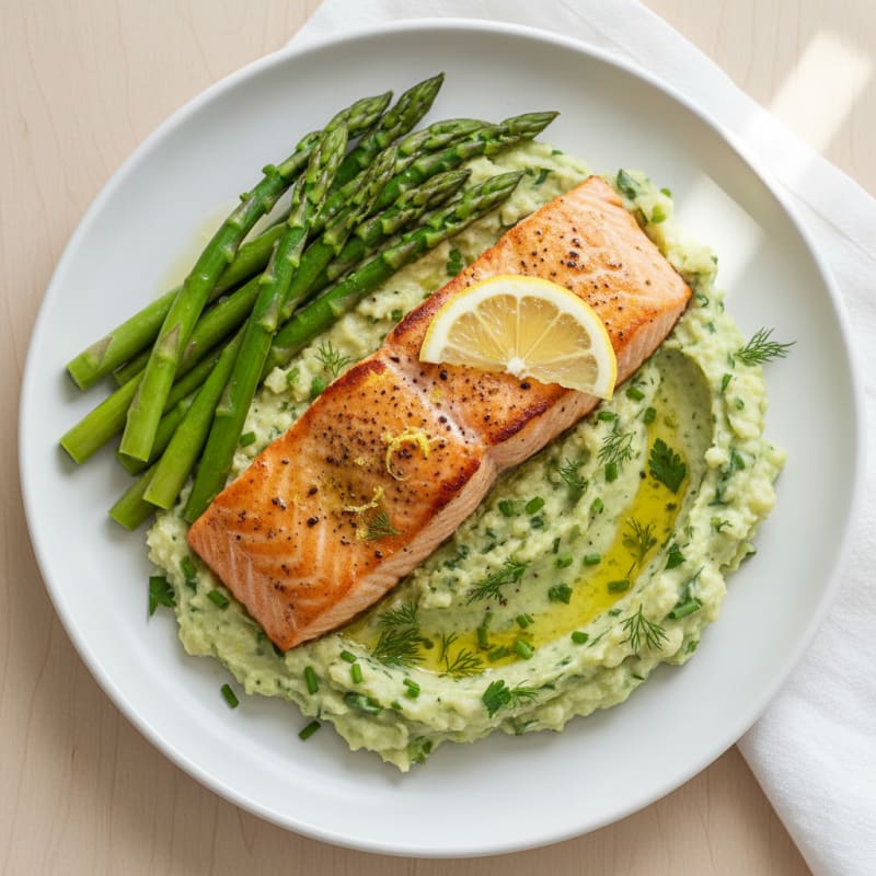 Seared Salmon with Herb-Cauliflower Mash and Steamed Asparagus