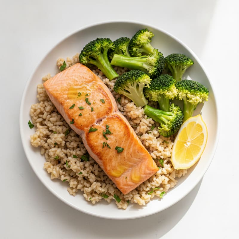 Seared Salmon with Steamed Broccoli and Herb Rice