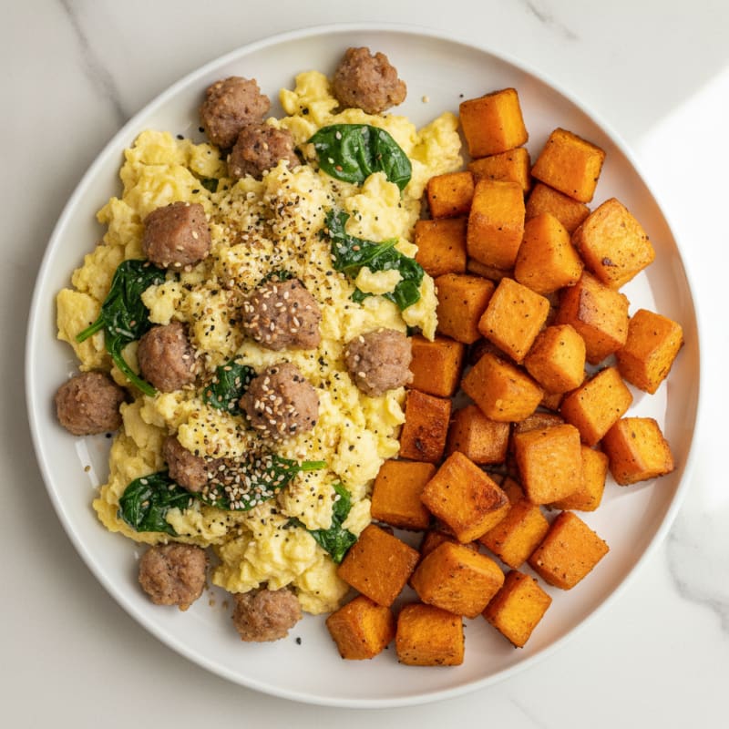 Scrambled Eggs with Turkey Sausage and Roasted Sweet Potato