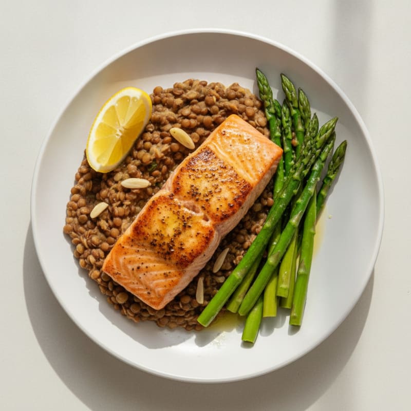 Seared Salmon Fillet with Steamed Asparagus and Lentil Mash