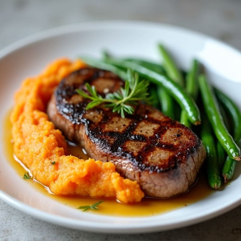 Seared Lean Beef Steak with Garlic Green Beans and Sweet Potato Mash