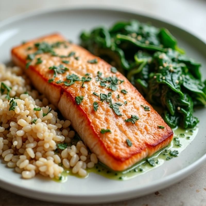 Seared Salmon with Creamy Spinach and Brown Rice