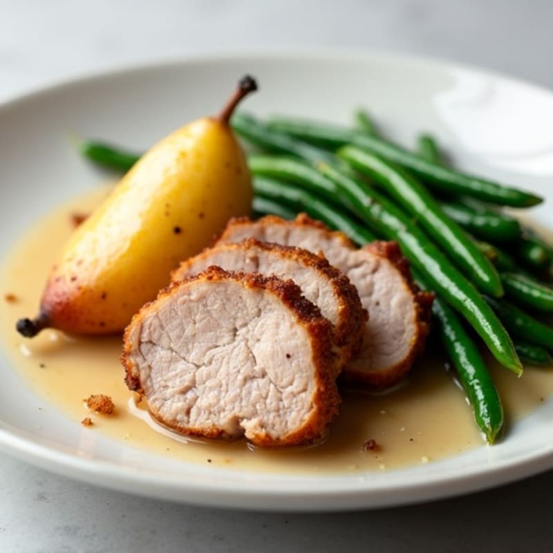 Roasted Pork Tenderloin with Baked Pears and Garlic Green Beans