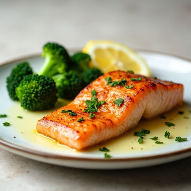 Seared Salmon with Steamed Broccoli and Lemon