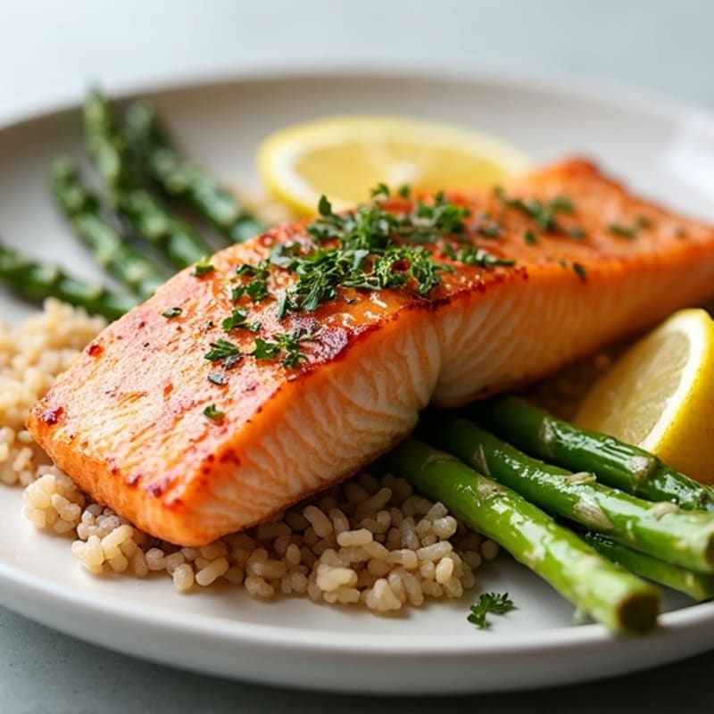 Seared Salmon with Steamed Asparagus and Brown Rice
