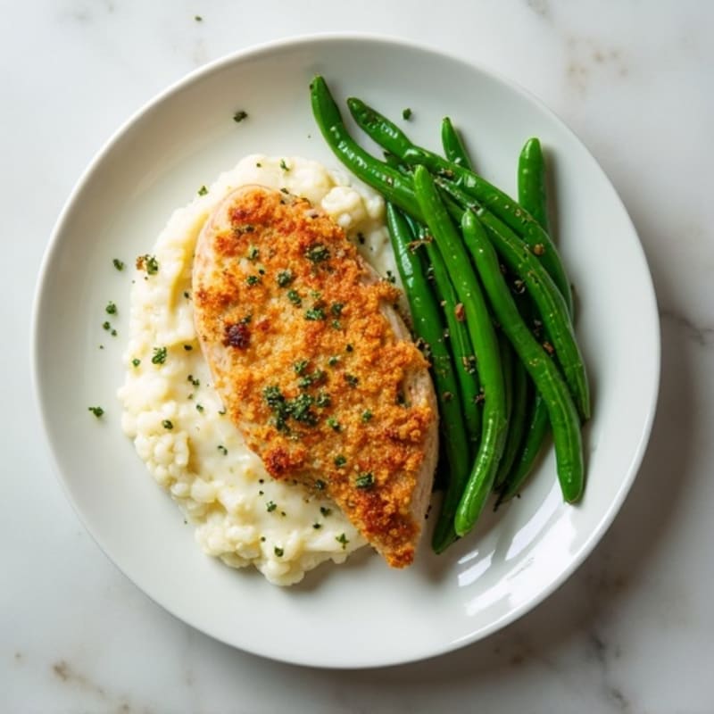 Garlic Herb Crusted Chicken with Creamy Cauliflower Puree and Roasted Green Beans