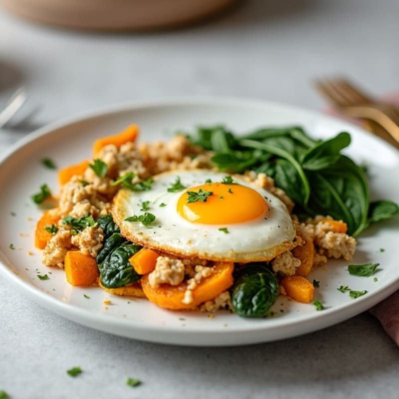 Egg White and Turkey Spinach Scramble with Roasted Sweet Potato