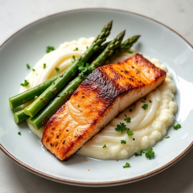 Seared Salmon with Steamed Asparagus and Cauliflower Mash