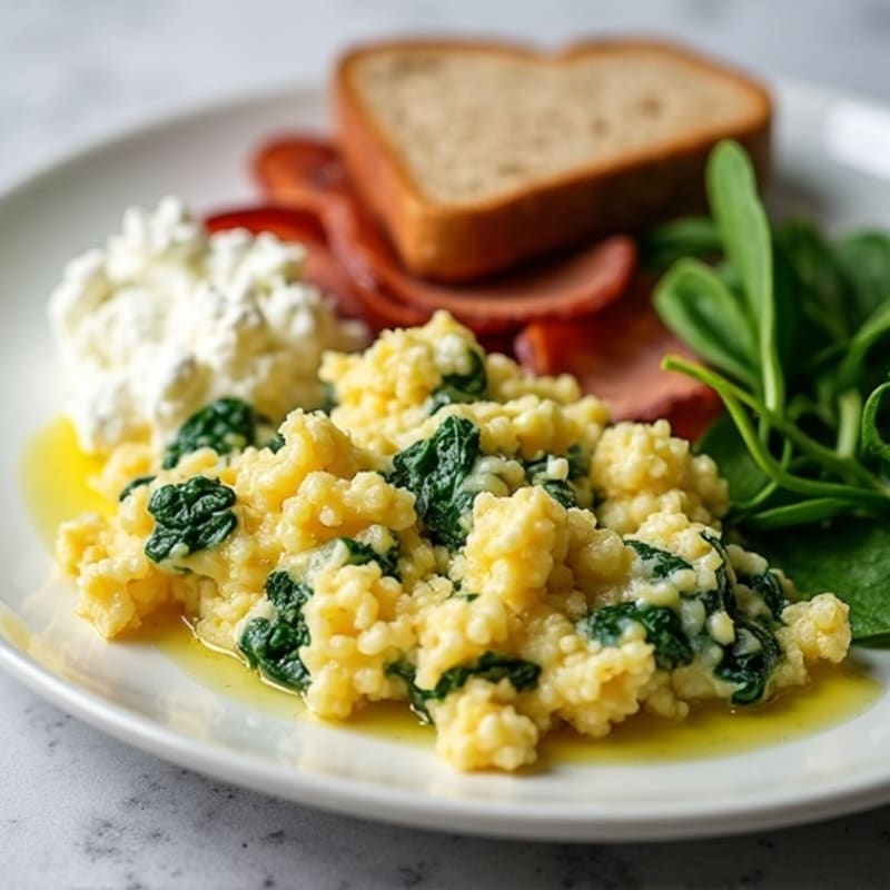 Egg White and Spinach Scramble with Cottage Cheese and Turkey Bacon