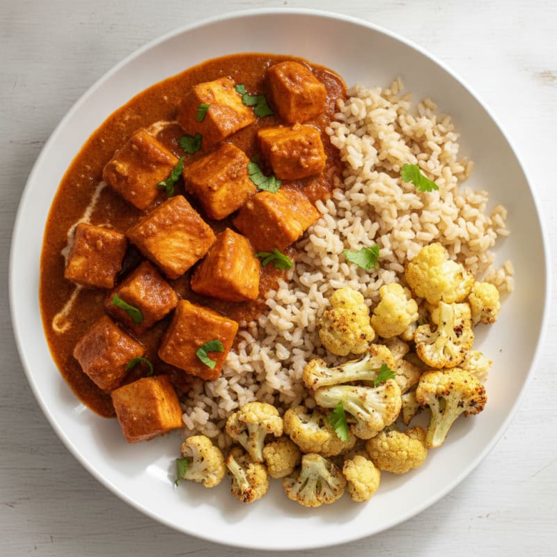 Spicy Chicken Curry with Roasted Cauliflower and Brown Rice