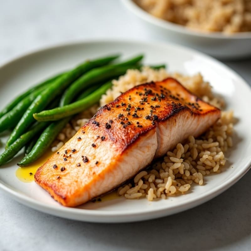 Seared Salmon with Garlic Green Beans and Steamed Brown Rice