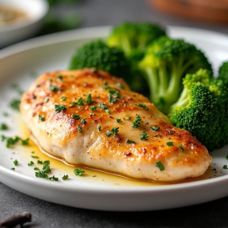Lemon Garlic Pan-Seared Chicken Breast with Roasted Broccoli