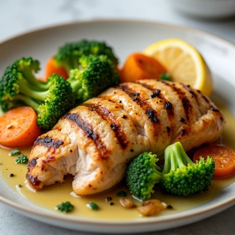 Lemon Garlic Grilled Chicken with Roasted Broccoli and Sweet Potato