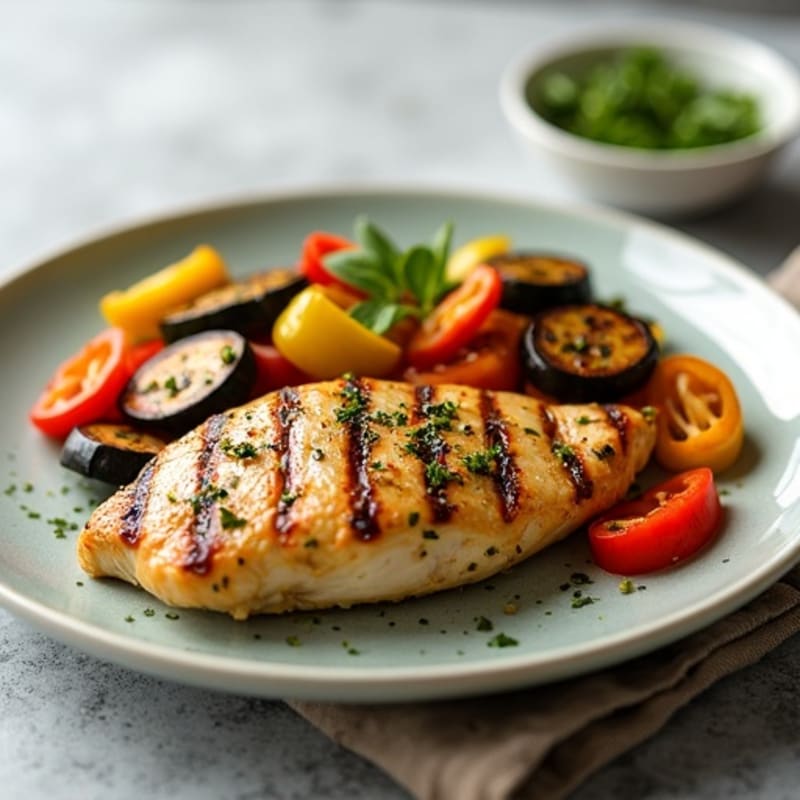 Roasted Eggplant, Zucchini, and Bell Pepper with Fresh Herbs and Grilled Chicken