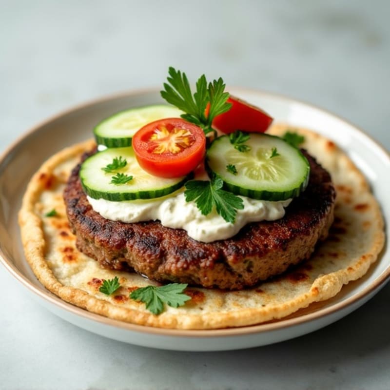 Lean Beef Patty with Crisp Cucumber Salad and Creamy Cottage Cheese Flatbread