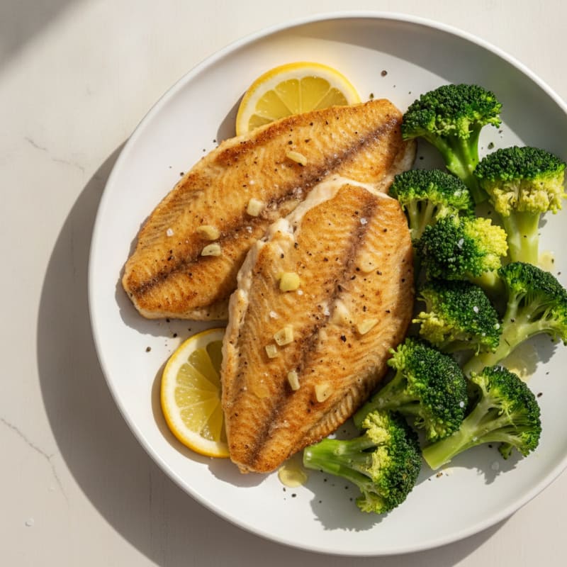 Seared Tilapia with Steamed Broccoli and Lemon