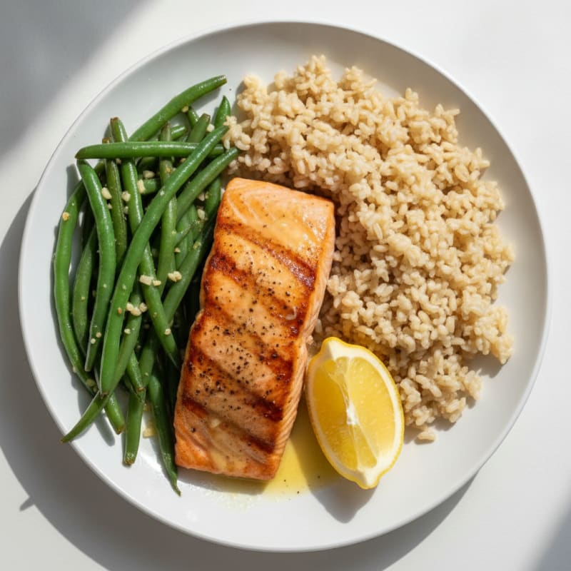 Seared Salmon with Garlic Green Beans and Brown Rice