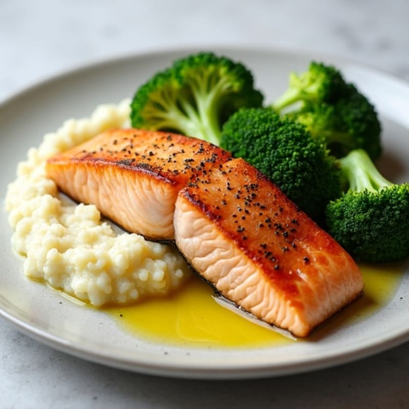 Seared Salmon Fillet with Steamed Broccoli and Garlic Cauliflower Mash