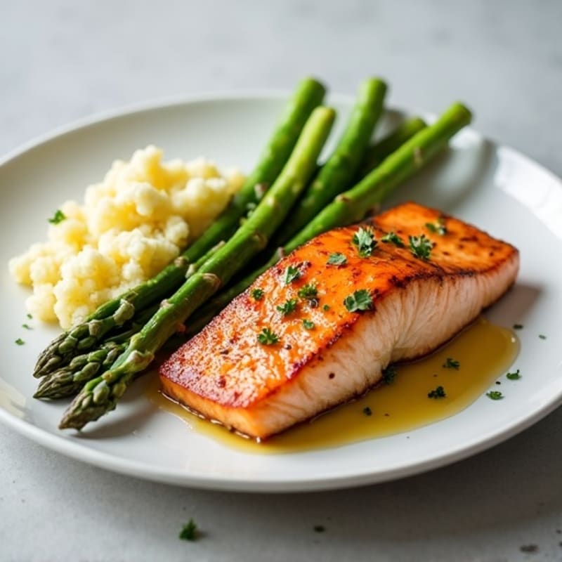 Seared Salmon Fillet with Steamed Asparagus and Mashed Cauliflower
