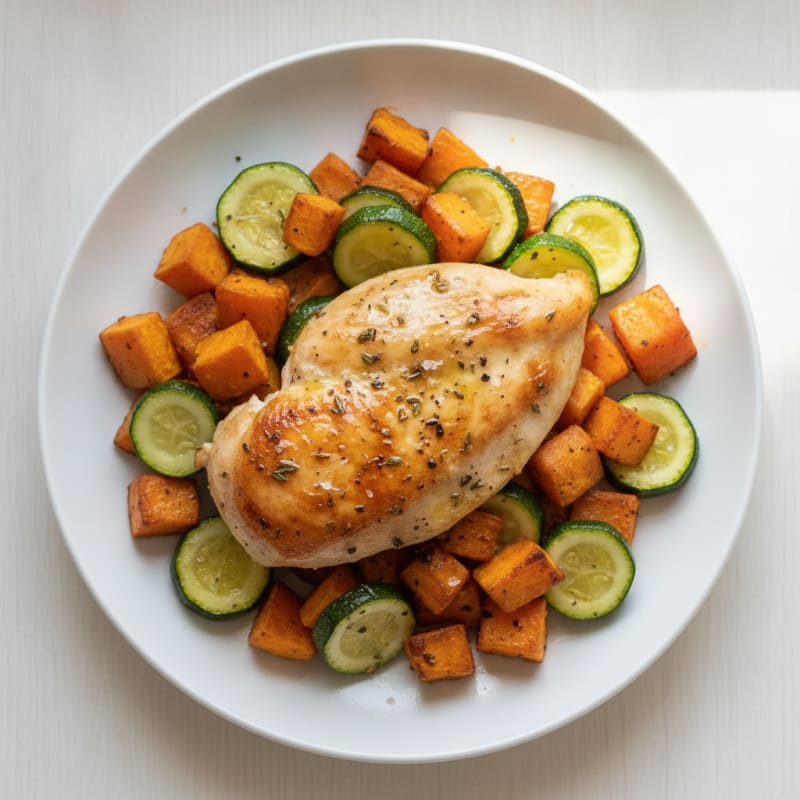 Roasted Chicken, Sweet Potato, and Zucchini