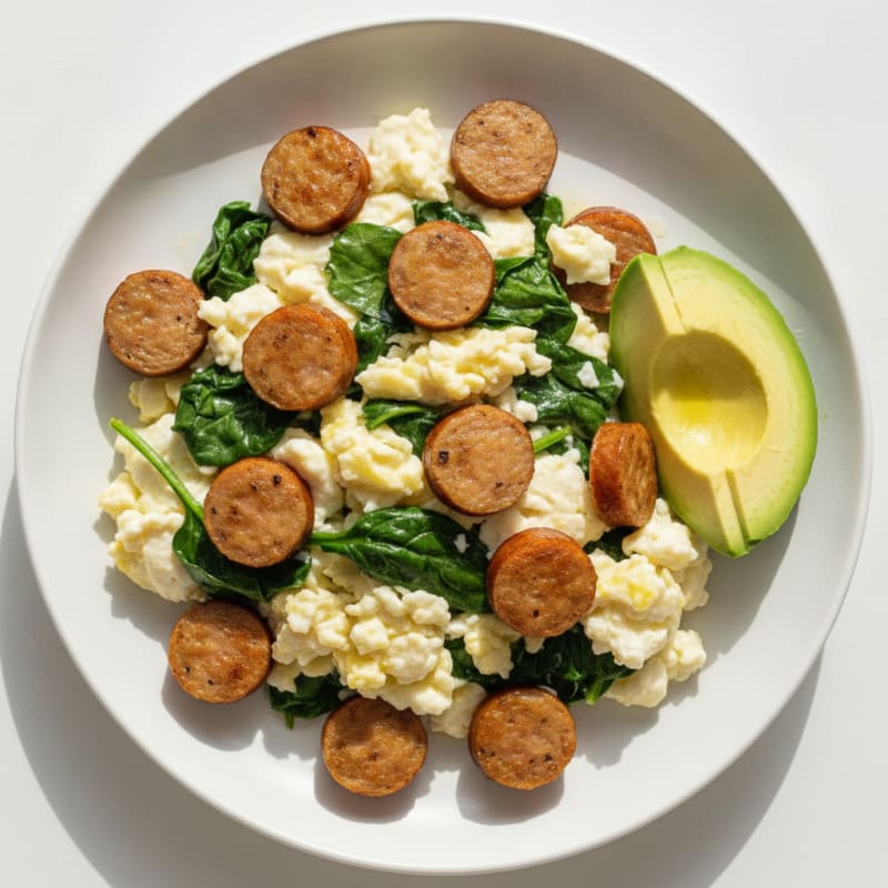 Scrambled Egg Whites with Turkey Sausage and Sautéed Spinach
