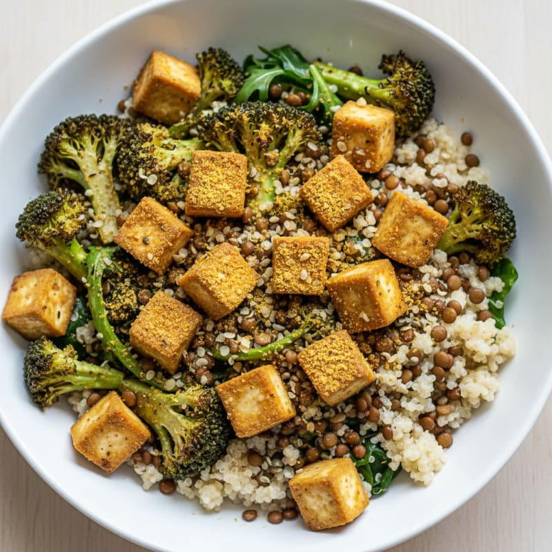 Crispy Lentil and Quinoa Power Bowl with Roasted Broccoli