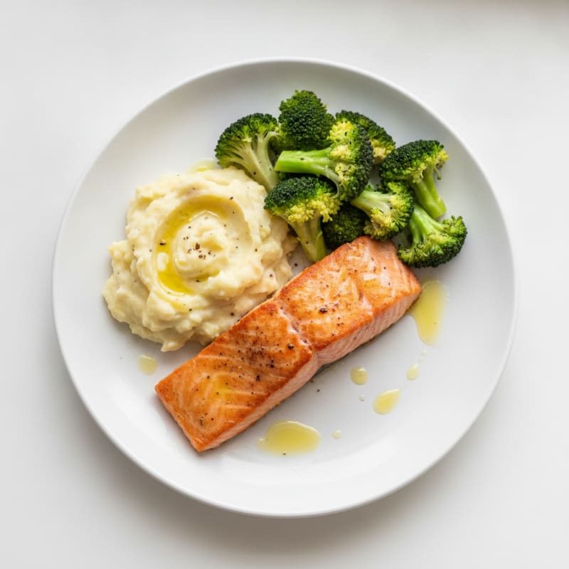 Seared Salmon with Steamed Broccoli and Garlic Mashed Potatoes