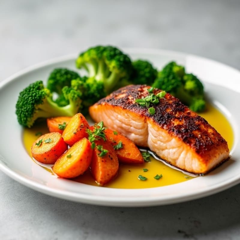 Seared Salmon with Roasted Sweet Potatoes and Steamed Broccoli