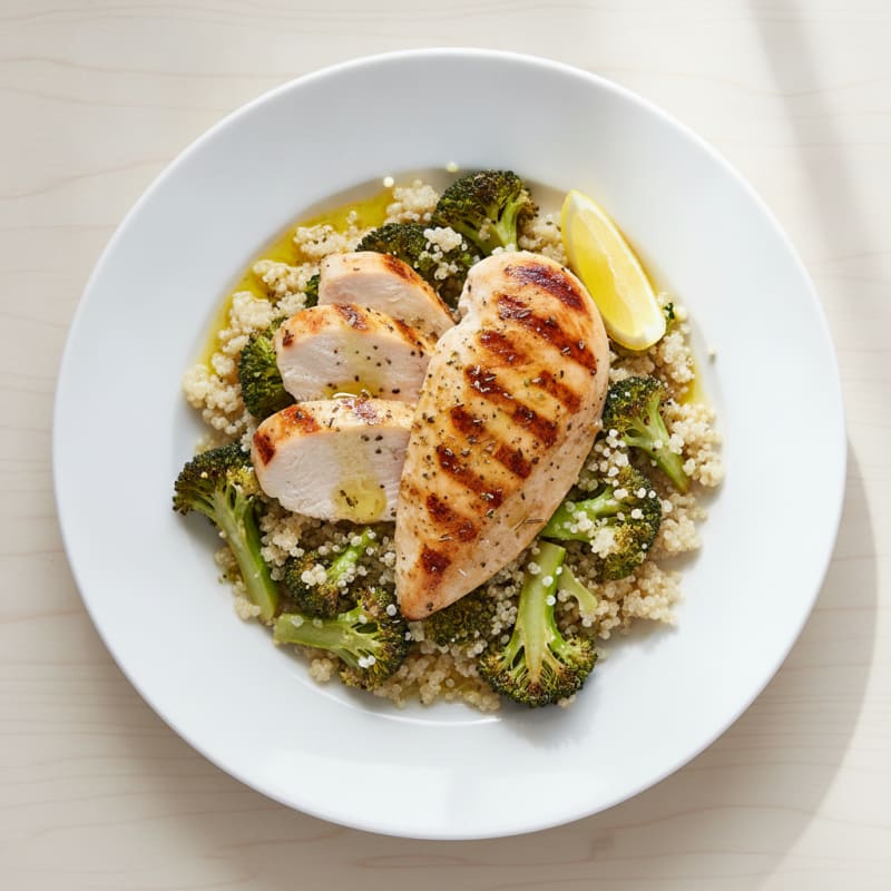 Grilled Chicken Breast Salad with Quinoa and Roasted Broccoli