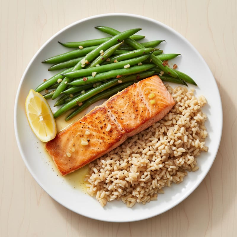 Seared Salmon Fillet with Garlic Green Beans and Brown Rice