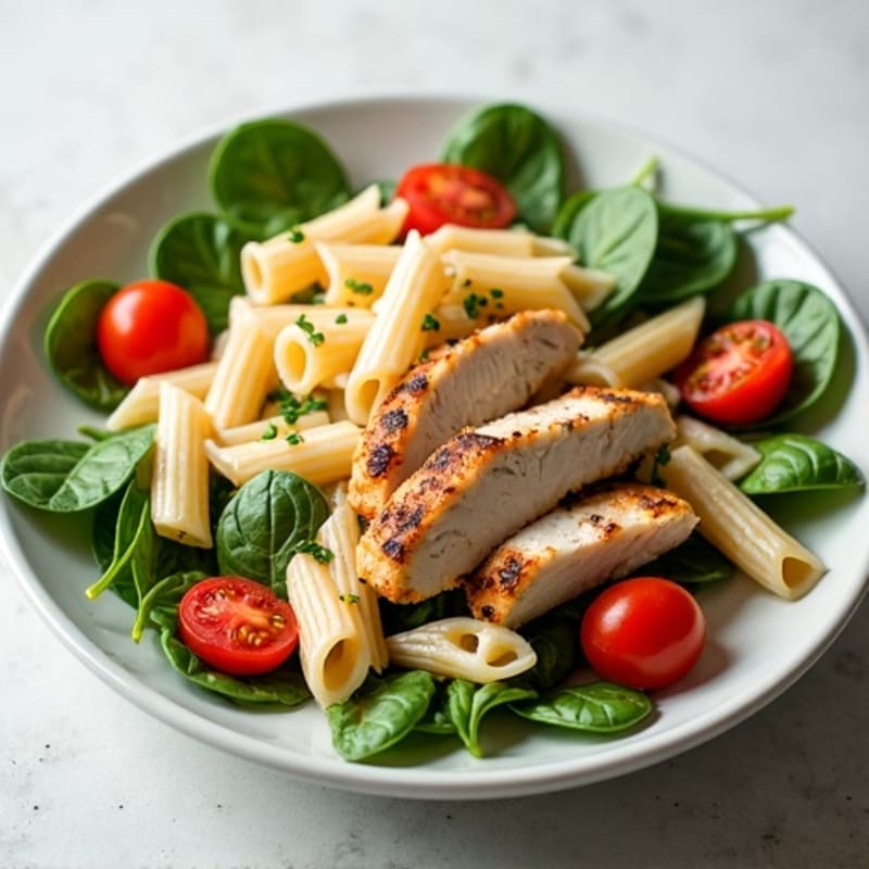 Grilled Chicken Pasta Salad with Spinach and Cherry Tomatoes