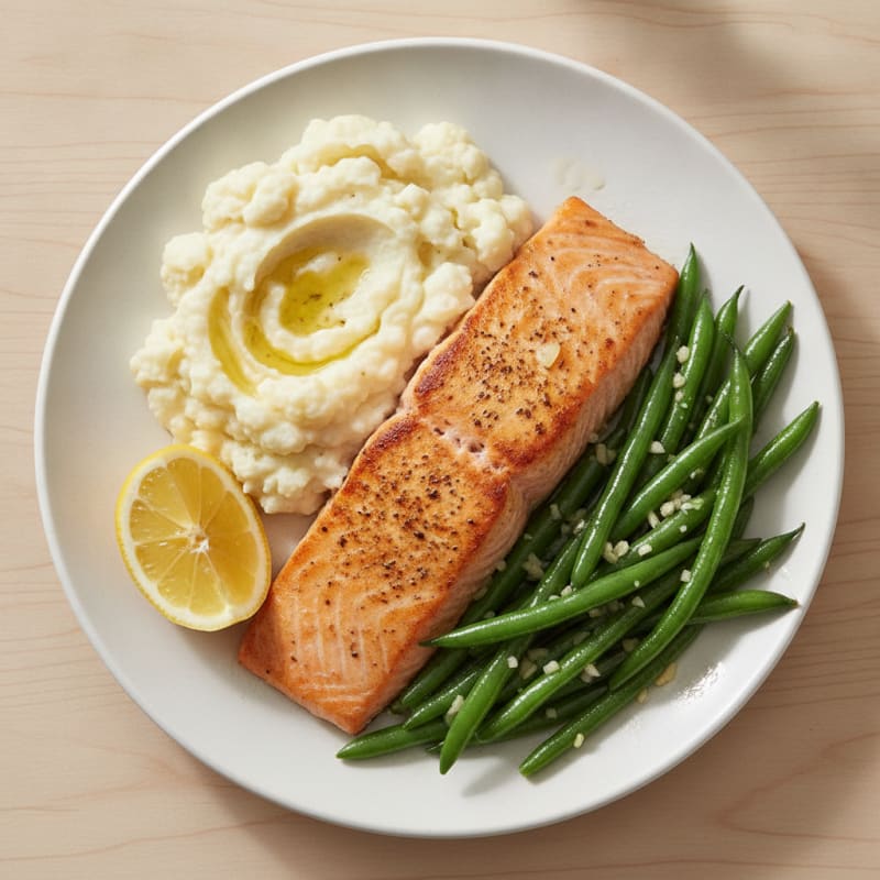 Seared Salmon with Garlic Green Beans and Mashed Cauliflower