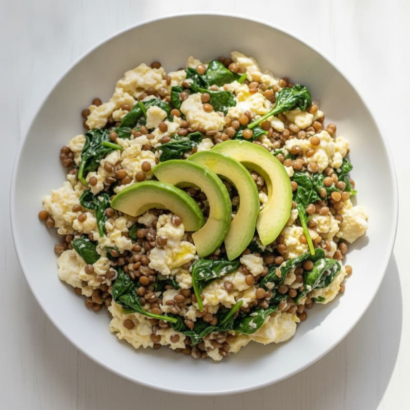 Silky Lentil and Egg White Scramble with Sautéed Spinach
