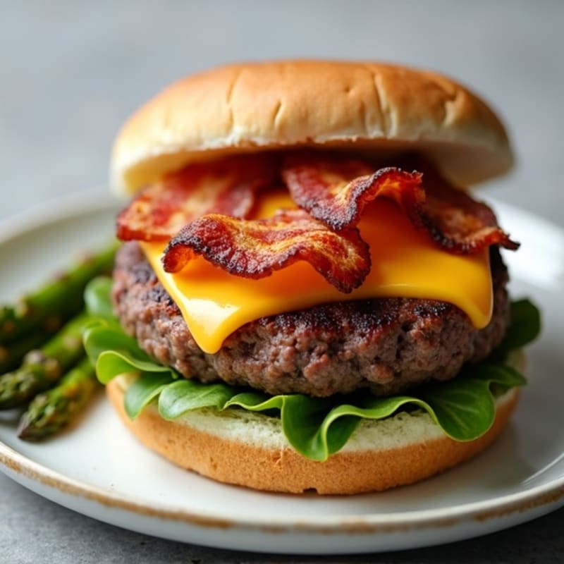 Lean Beef Burger with Crispy Bacon, Melted Cheddar, and Roasted Asparagus