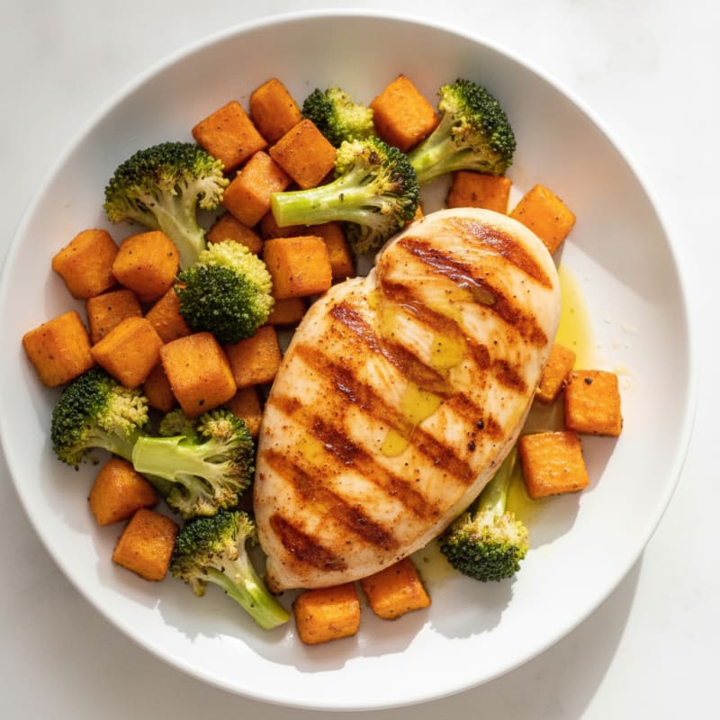 Grilled Chicken Breast with Roasted Sweet Potato and Broccoli