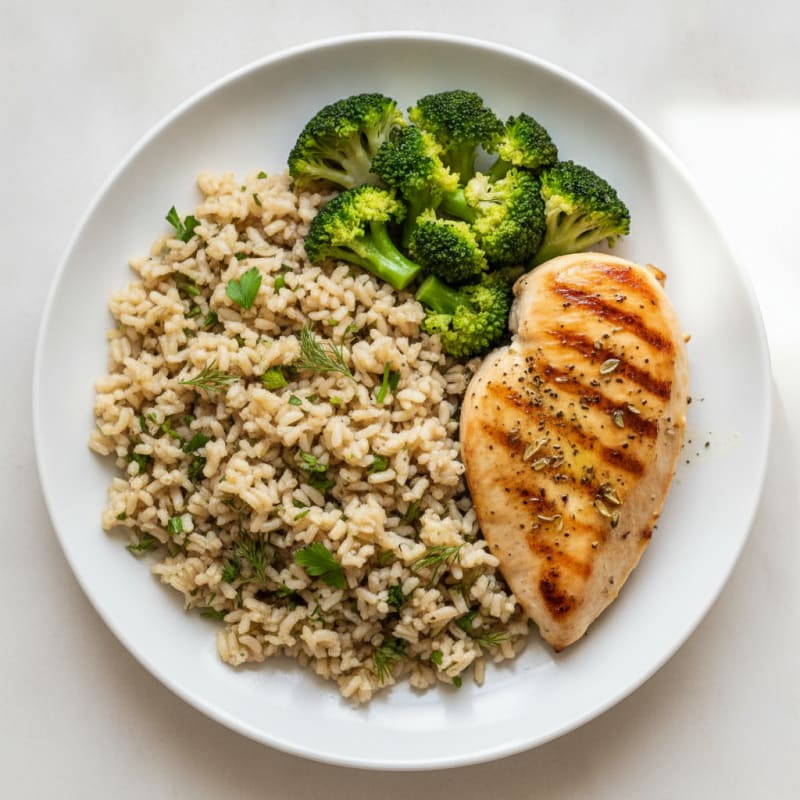 Grilled Chicken Breast with Herb Rice and Steamed Broccoli