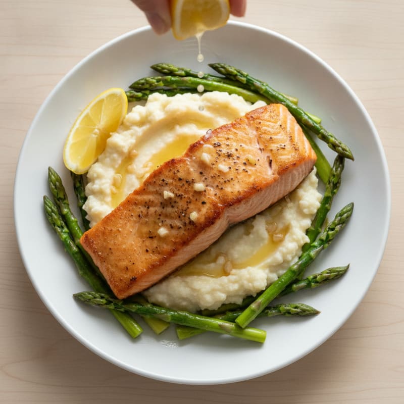 Seared Salmon with Steamed Asparagus and Cauliflower Mash