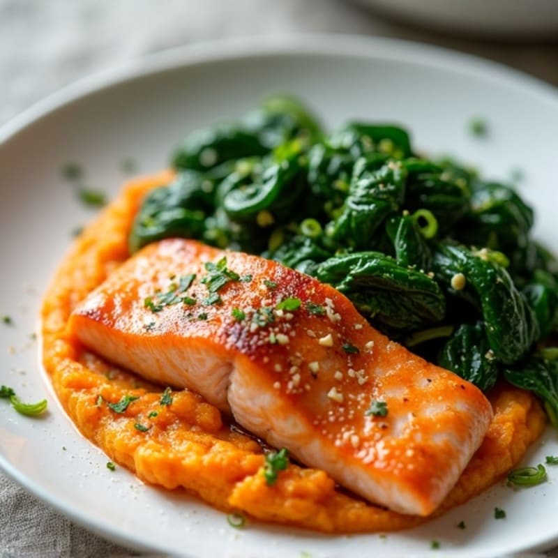 Seared Salmon with Garlic Spinach and Sweet Potato Mash