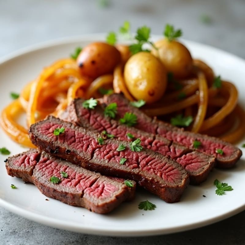 Seared Beef Strips with Roasted Potatoes and Sautéed Onions