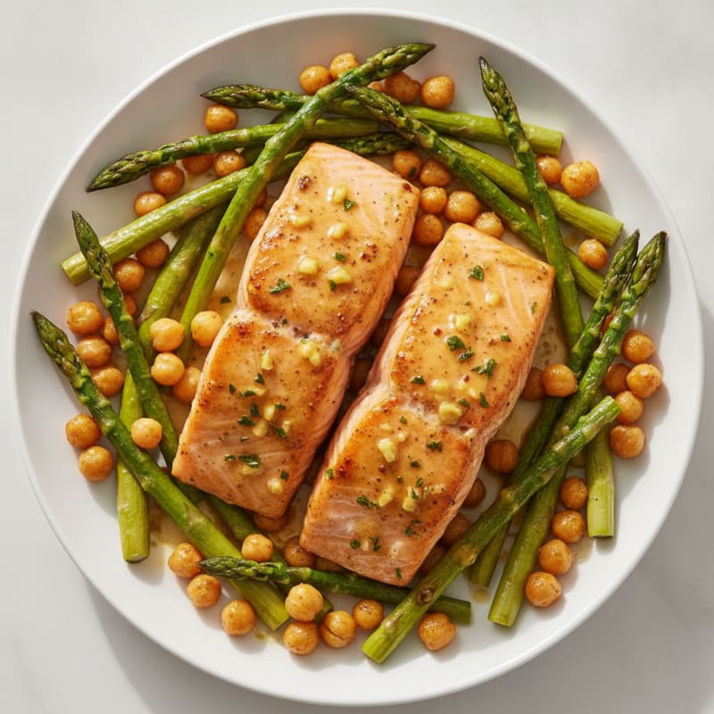 Baked Garlic Dijon Salmon with Roasted Asparagus and Chickpeas