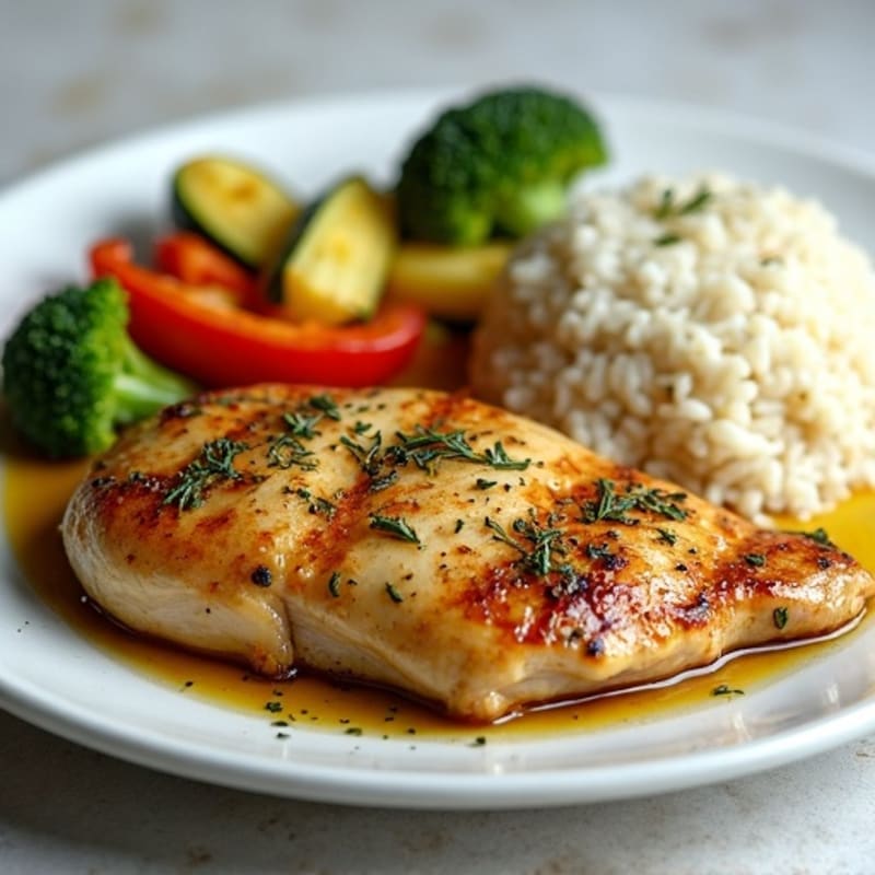 Herb-Roasted Chicken with Garlic Vegetables and Fluffy Rice