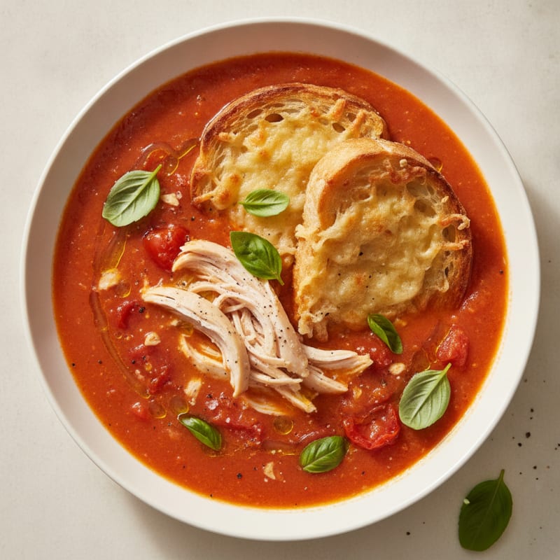 Roasted Tomato Basil Soup with Parmesan Crostini