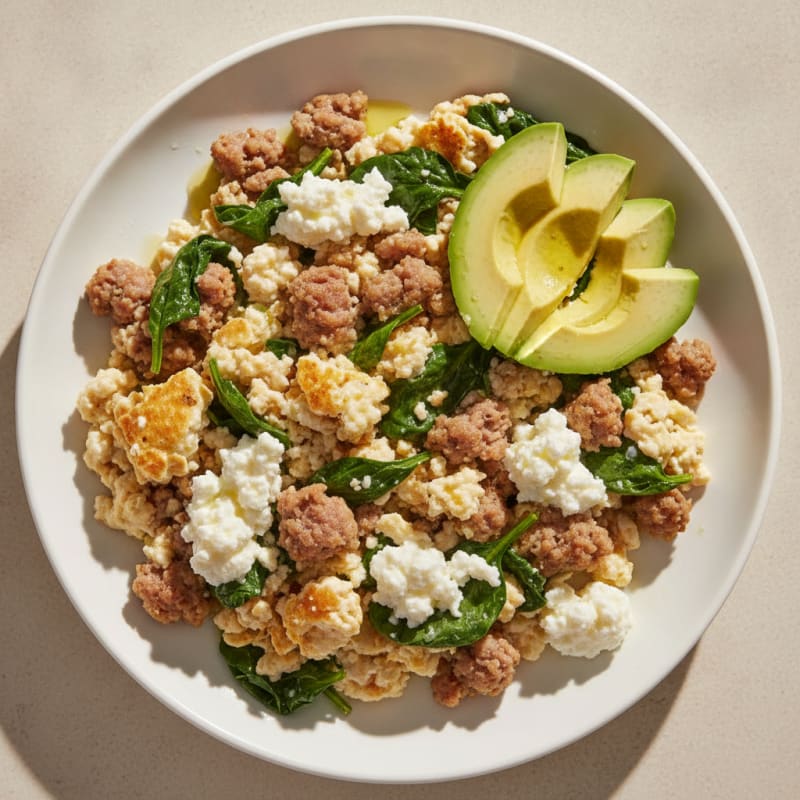 Egg White and Turkey Sausage Scramble with Cottage Cheese and Spinach