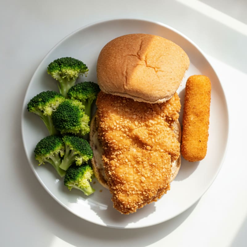 Breaded Chicken Sandwich with Cheese Stick and Steamed Broccoli
