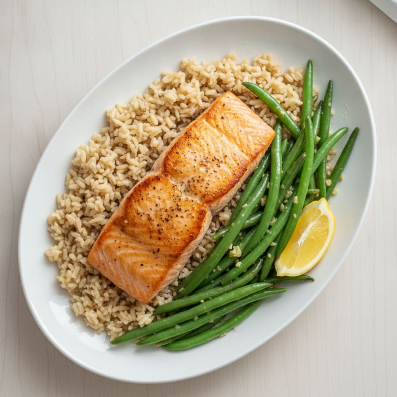 Pan-Seared Salmon with Garlic Green Beans and Brown Rice