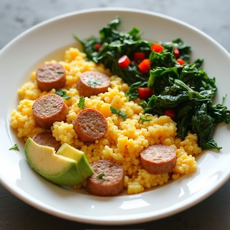 Egg White and Turkey Sausage Scramble with Sautéed Spinach