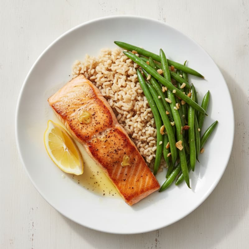 Seared Salmon Fillet with Garlic Green Beans and Brown Rice
